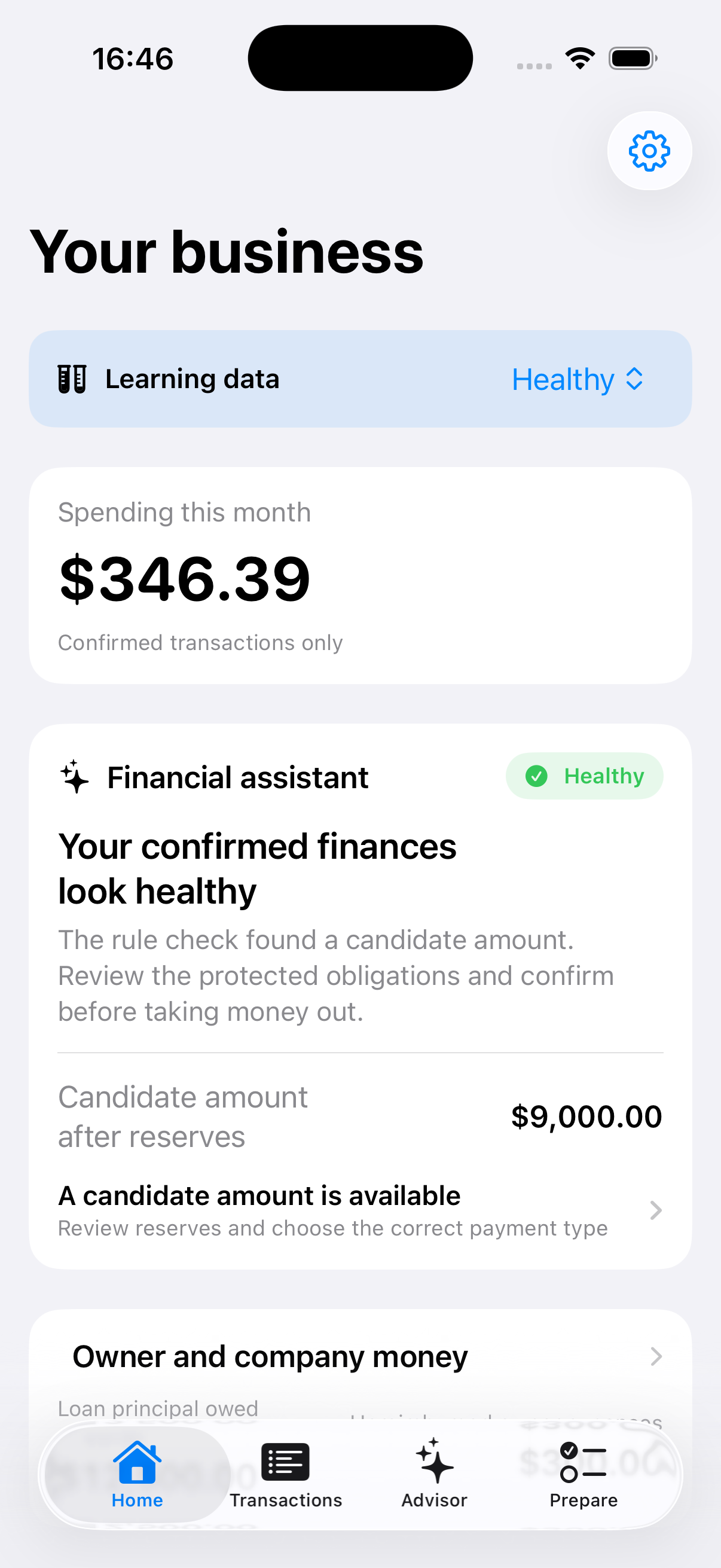 LLC Finance home dashboard in English